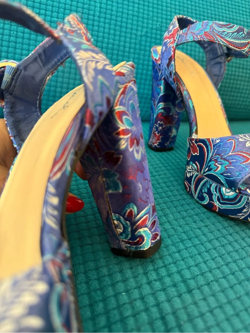 Blue Floral Brocade Platform Heels Ankle Strap Chunky Y2K